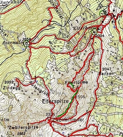 grün markiert die beiden Klettersteige