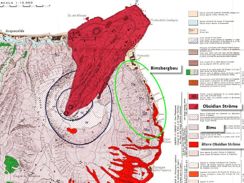 Ausschnitt aus der geologischen von Karte Hans Pichler - Bimsstein und Obsidianströme, das Bergbaugebiet markiert
