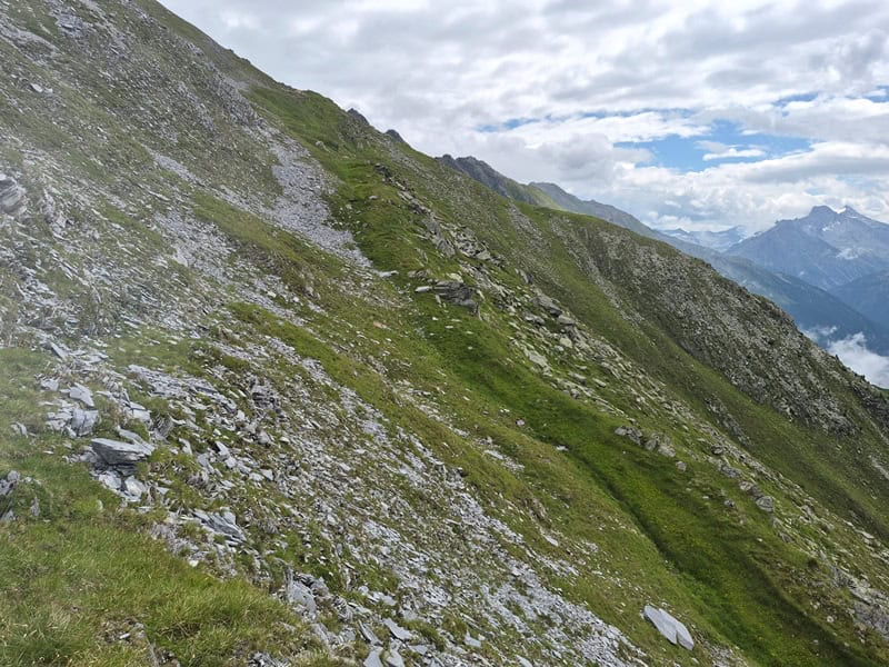 im Hang das Nackentälchen, das den Übergang vom Kristallin des Ahornkerns auf den Kalk der Hochstegenzone des Brandberger Kolms bildet