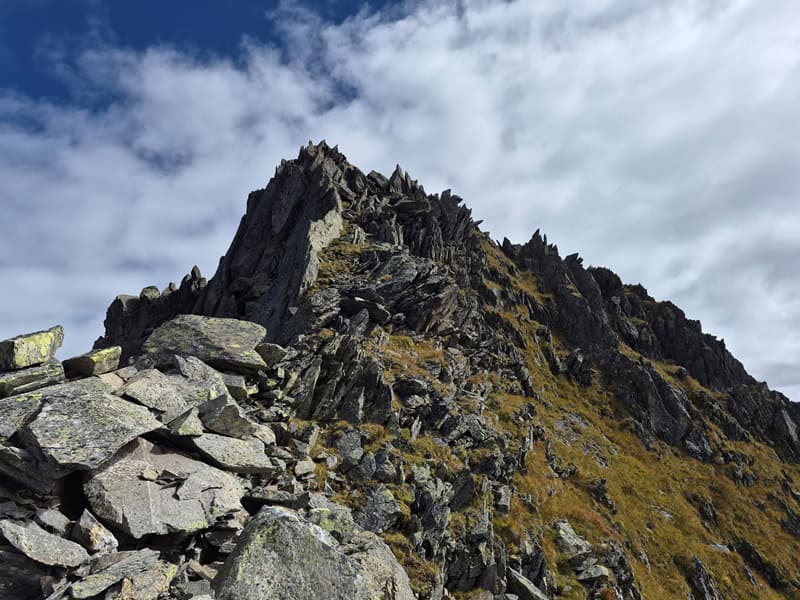 im Aufstieg zu Pkt. 2.666 m erweist sich das Grasband rechts der Abbruchwand als komfortabel für den Aufstieg
