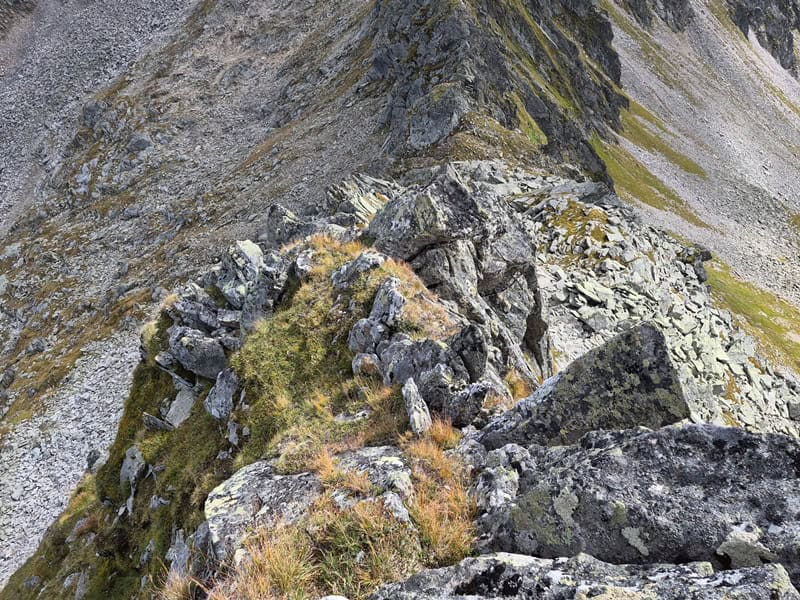 Abstieg vom Inneren Falk , nach Umgehung in geringer Tiefe; die nicht sichtbaren unangenehmen hohen Platten befinden sich rechts unten